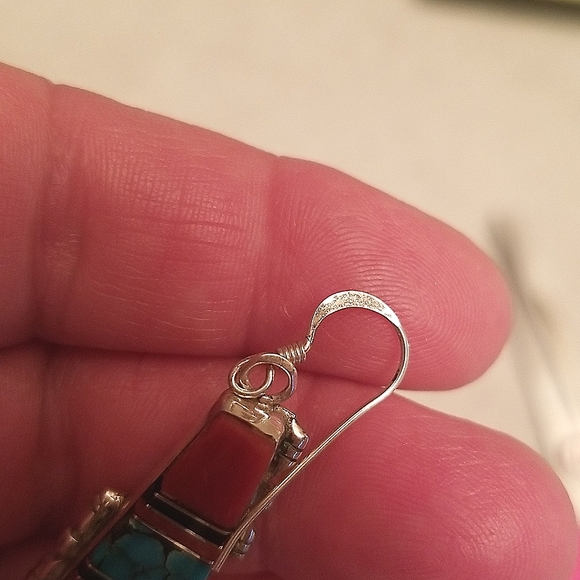 Genuine Spiny Oyster, Onyx, Turquoise and Sterling Silver Earrings. - Picture 4 of 4